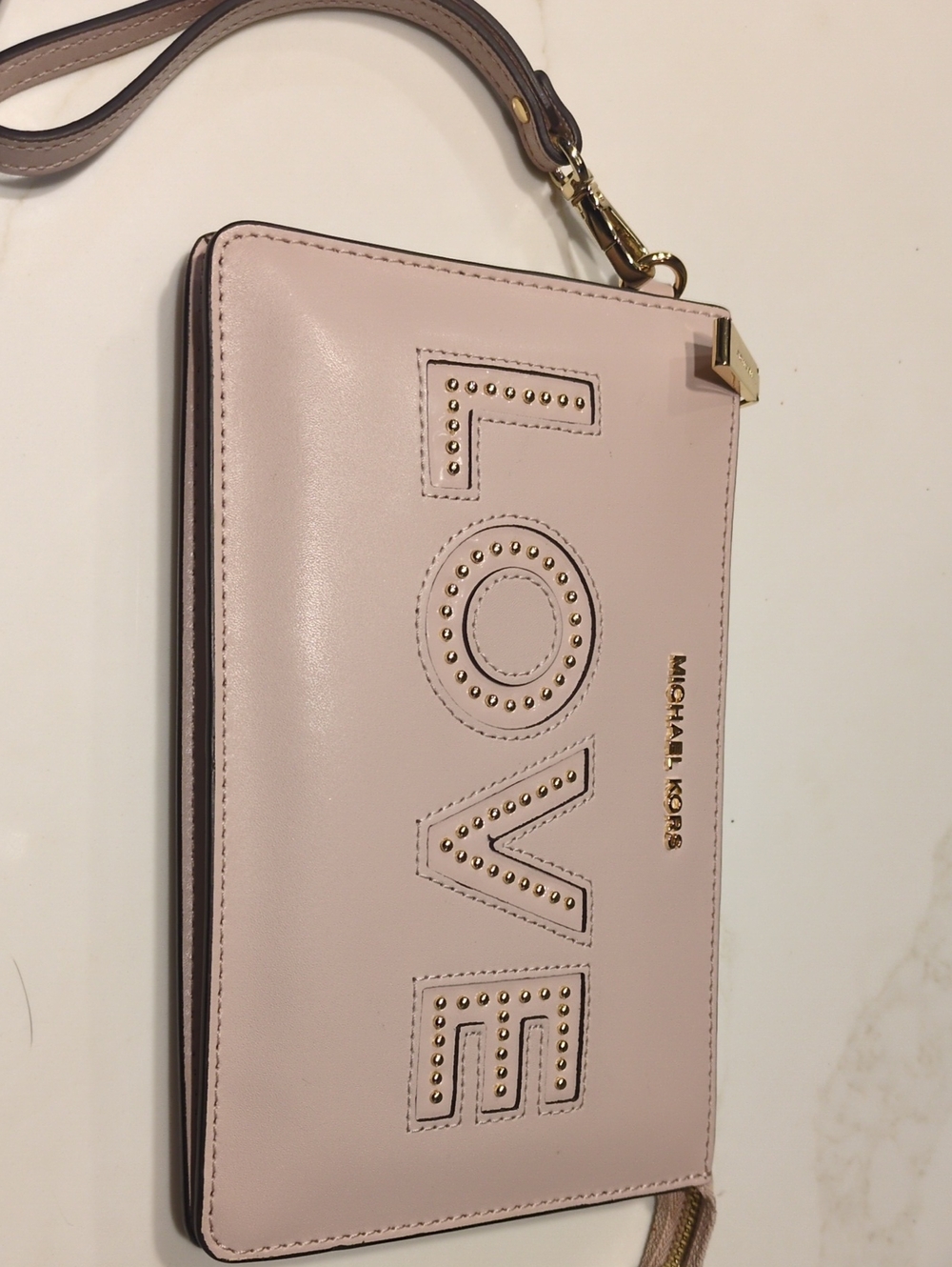 Michael Kors Blush Pink Leather 'LOVE' Studded Wristlet